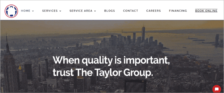 bannière de la page d’accueil du groupe taylor affichant le slogan « quand la qualité est importante, faites confiance au groupe taylor », avec un arrière-plan de paysage urbain.