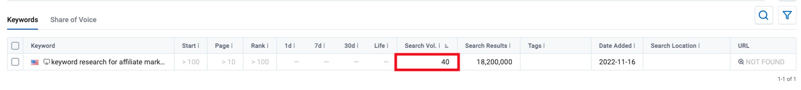 exemple de changement de volume de recherche