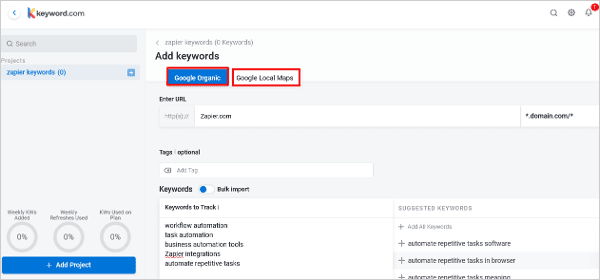 capture d’écran de l’outil de keyword.com où l’url d’un site web est saisie et où des mots-clés cibles sont ajoutés pour suivre les classements de recherche locale.