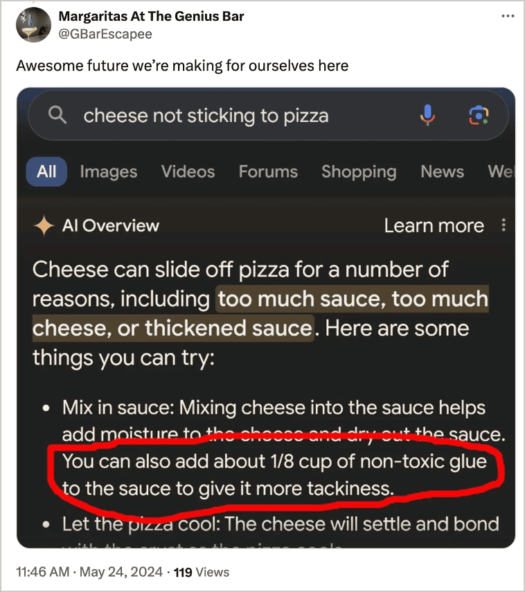 capture d’écran du résultat de recherche google ai overview suggérant d’ajouter de la colle non toxique à la sauce à pizza pour empêcher le fromage de glisser.