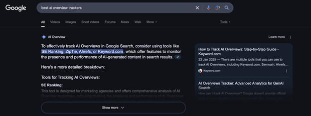 google search result showing ai overview recommending tools for tracking ai-generated content