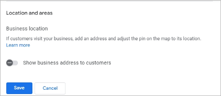 capture d’écran des paramètres google pour ajouter ou ajuster l’emplacement d’une entreprise, avec une option pour afficher ou masquer l’adresse de l’entreprise aux clients.