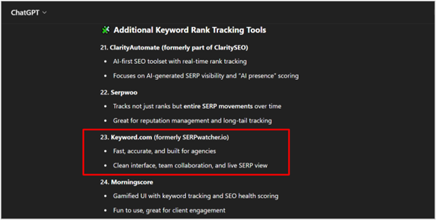 la réponse de chatgpt keyword.com mise en évidence comme un outil de suivi du classement des mots-clés de premier plan avec des fonctionnalités d’agence.