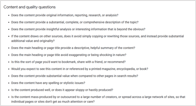 capture d’écran de la liste de contrôle du contenu et de la qualité de google utilisée pour évaluer l’utilité et l’originalité.