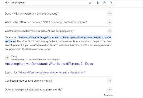 extrait en vedette expliquant la différence entre déodorant et antisudorifique, mettant en évidence le produit de nivea.