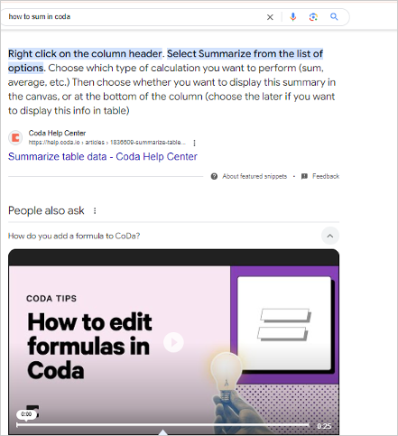 exemple d’un featured snippet guidant les utilisateurs sur la façon de faire la somme dans coda, montrant un lien vers un tutoriel.