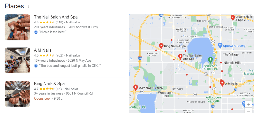 exemple du pack local de google affichant les résultats de recherche pour une requête telle que «&nbsp;salon de manucure dans l’oklahoma&nbsp;», mettant en évidence les profils d’entreprises locales.