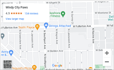 exemple d’intégration de google map sur la page d’accueil de windy city paws, montrant l’emplacement de l’entreprise et les directions pour améliorer le référencement local et l’expérience utilisateur.