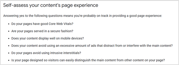 capture d’écran de la liste de contrôle de google pour évaluer l’expérience de la page d’un site web, des facteurs tels que les core web vitals et les interférences publicitaires.