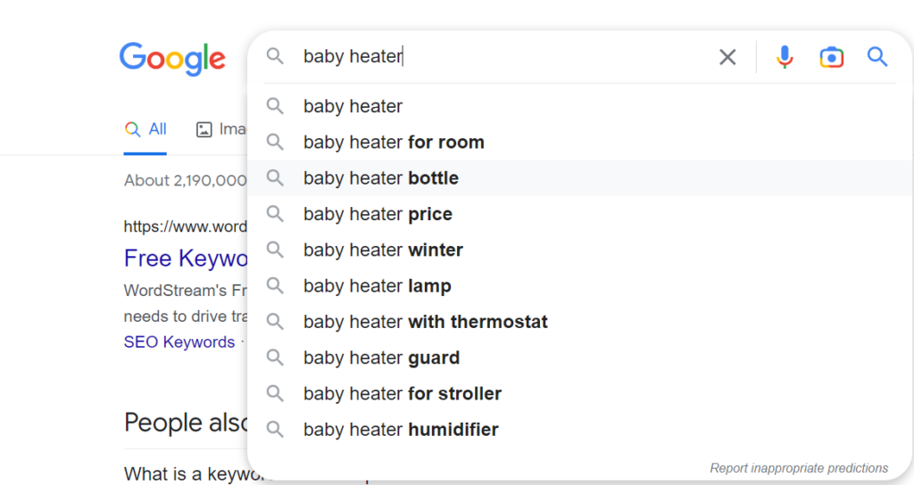suggestions de saisie semi-automatique de google pour le mot-clé « chauffage de bébé »