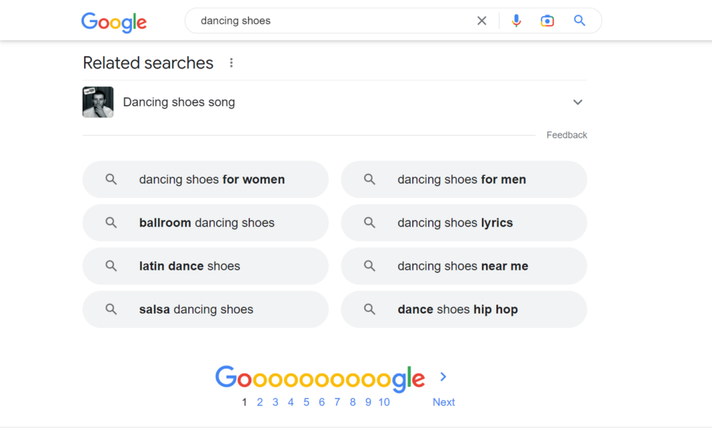 recherches associées de google pour le mot-clé « chaussures de danse »