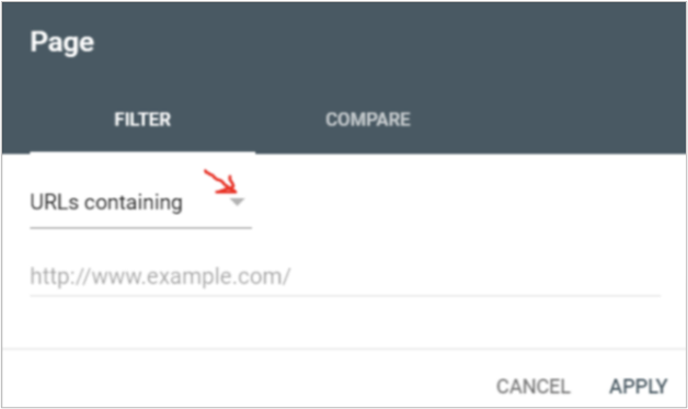 capture d’écran de la google search console montrant les paramètres de filtre pour les url contenant des chaînes spécifiques.