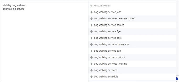 capture d’écran affichant une liste de suggestions de mots-clés pour « service de promenade de chiens » à partir d’un outil de recherche de mots-clés, présentant des options telles que le coût, les prix et l’application.