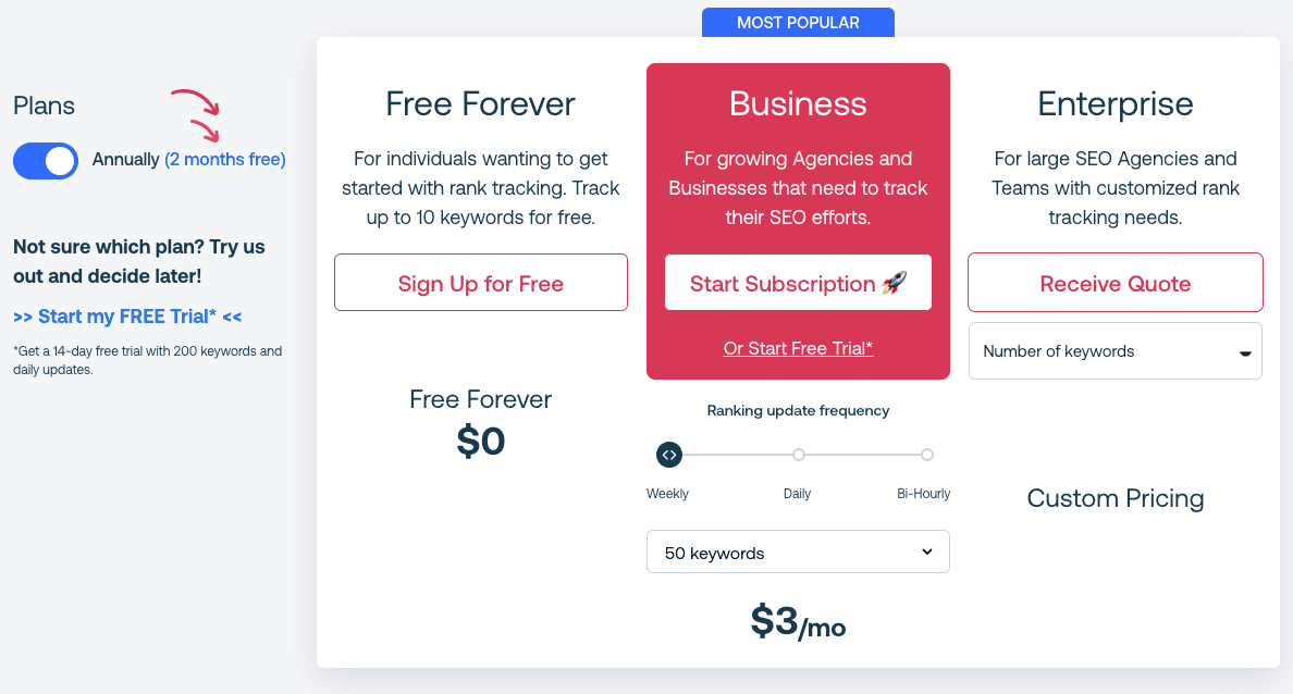 page de tarification keyword.com