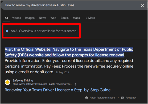 le résultat de recherche google pour savoir comment renouveler un permis de conduire à austin, texas affiche un message indiquant que l’aperçu de l’ia n’est pas disponible.