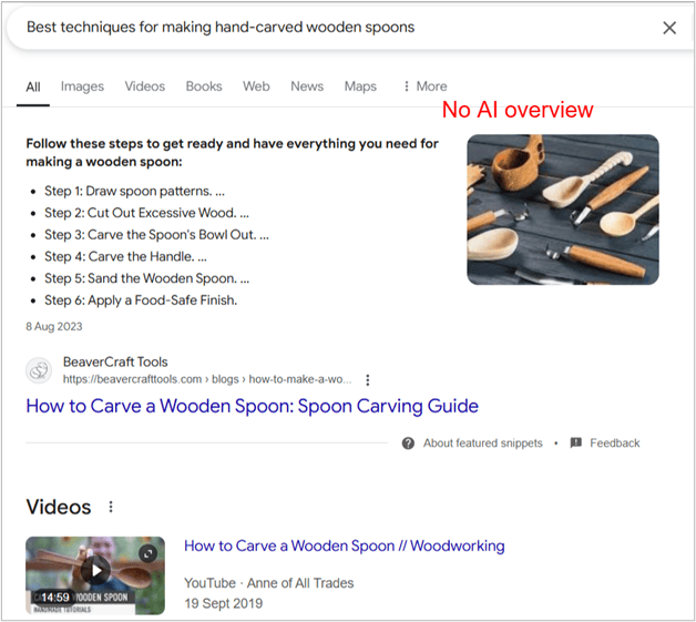 résultat de recherche google pour comment sculpter une cuillère en bois ne montrant aucun aperçu de l’ia présent.