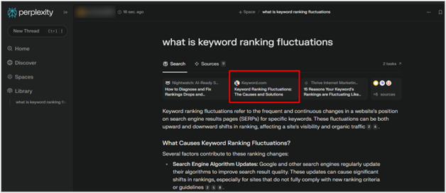 capture d’écran de la liste des keyword.com de perplexity ai pour les fluctuations de classement des mots-clés, mettant en valeur la visibilité de la source llm.