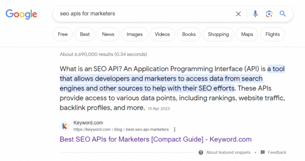 featured snippet pour l’article sur les apis-conseils seo