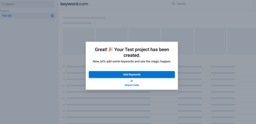 activez votre projet de test dans keyword.com